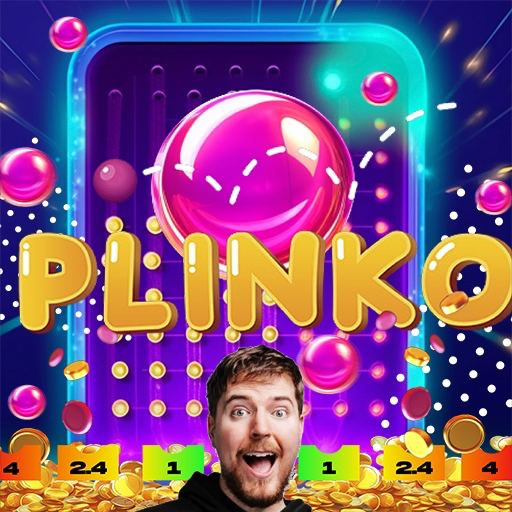 The Plinko Mr Beast game logo with a bright pink ball, golden text spelling 'PLINKO,' and a backdrop of glowing lights and coins.